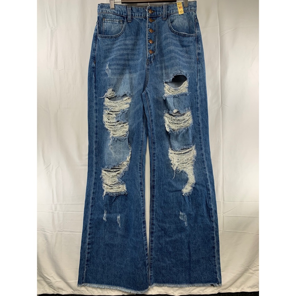 Vibrant MIU Wide Leg Jeans Womens 15 Blue Distressed High Rise Button Fly EP1968